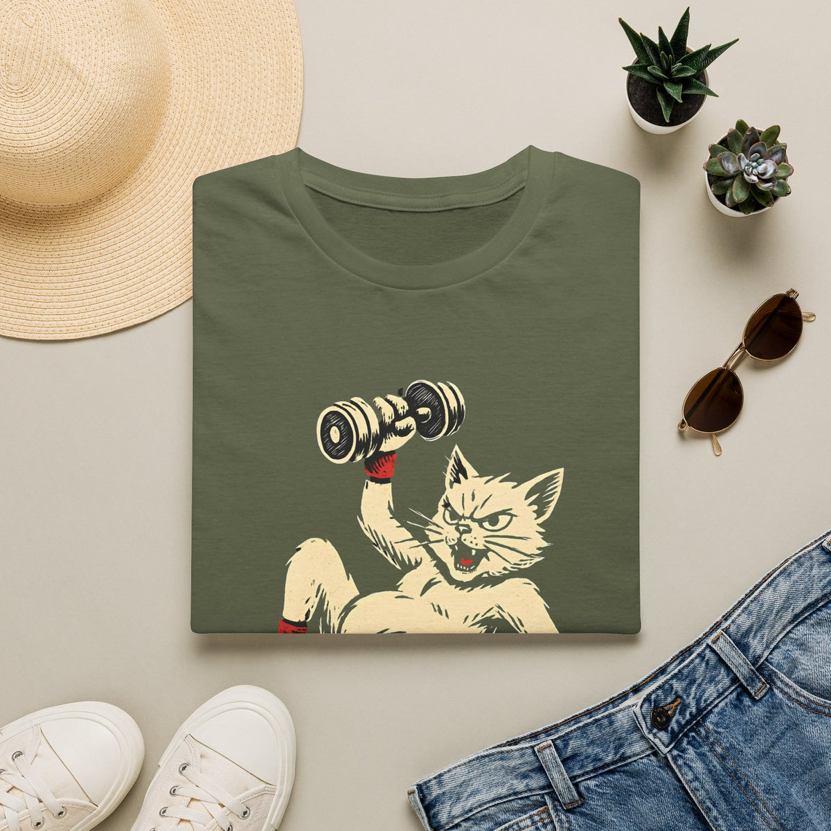Cat Lifts Dumbbell T-Shirt