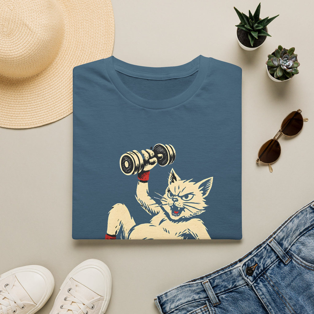 Cat Lifts Dumbbell T-Shirt
