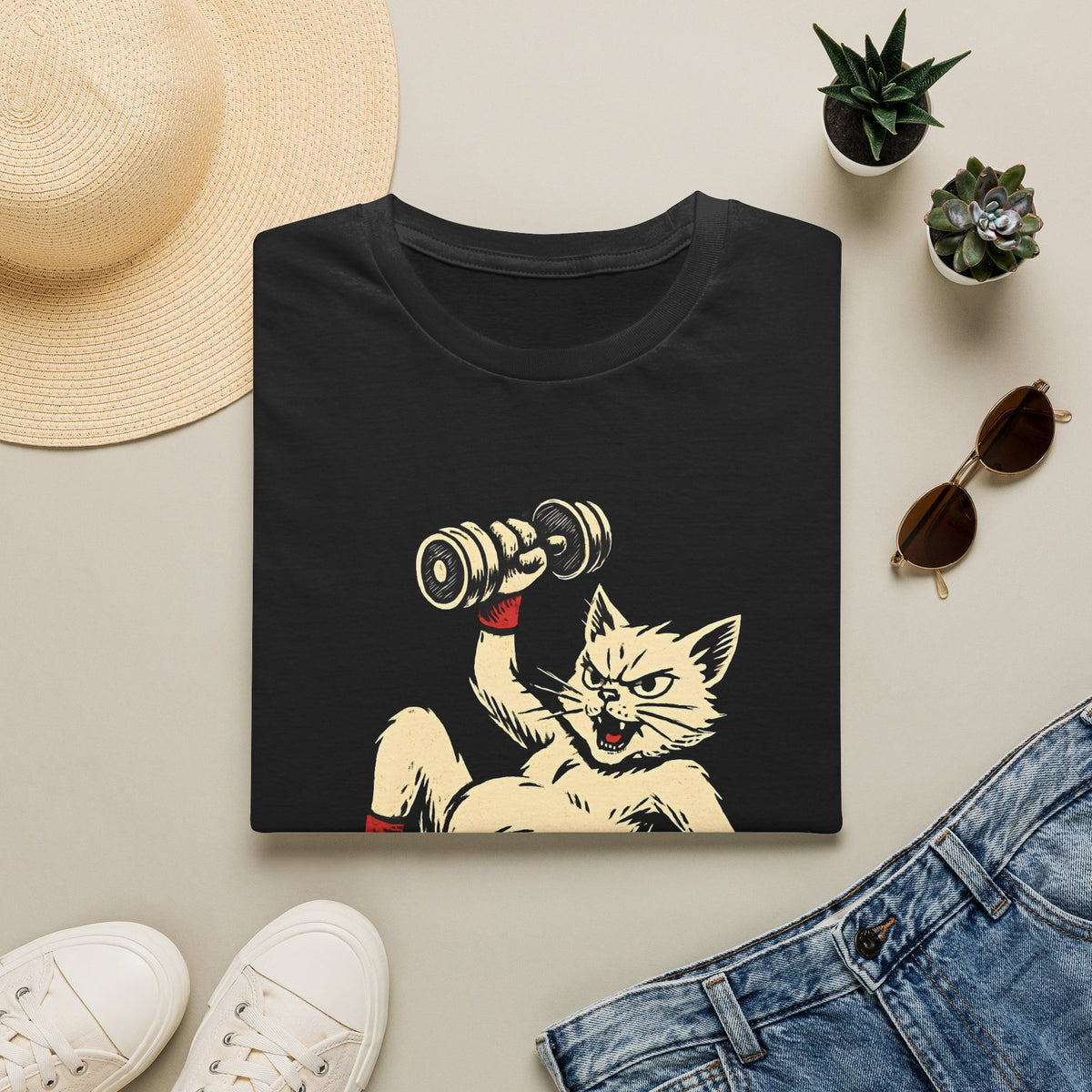 Cat Lifts Dumbbell T-Shirt